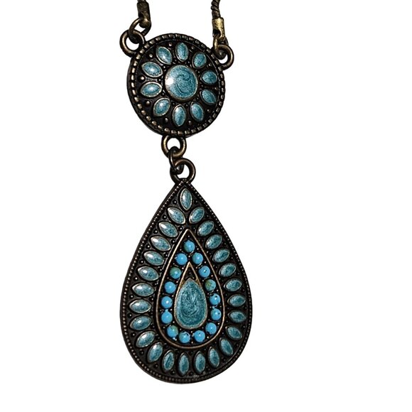 Southwest Turquoise Double Pendant Necklace Gold Tone Statement Fashion Jewelry - Picture 3 of 7